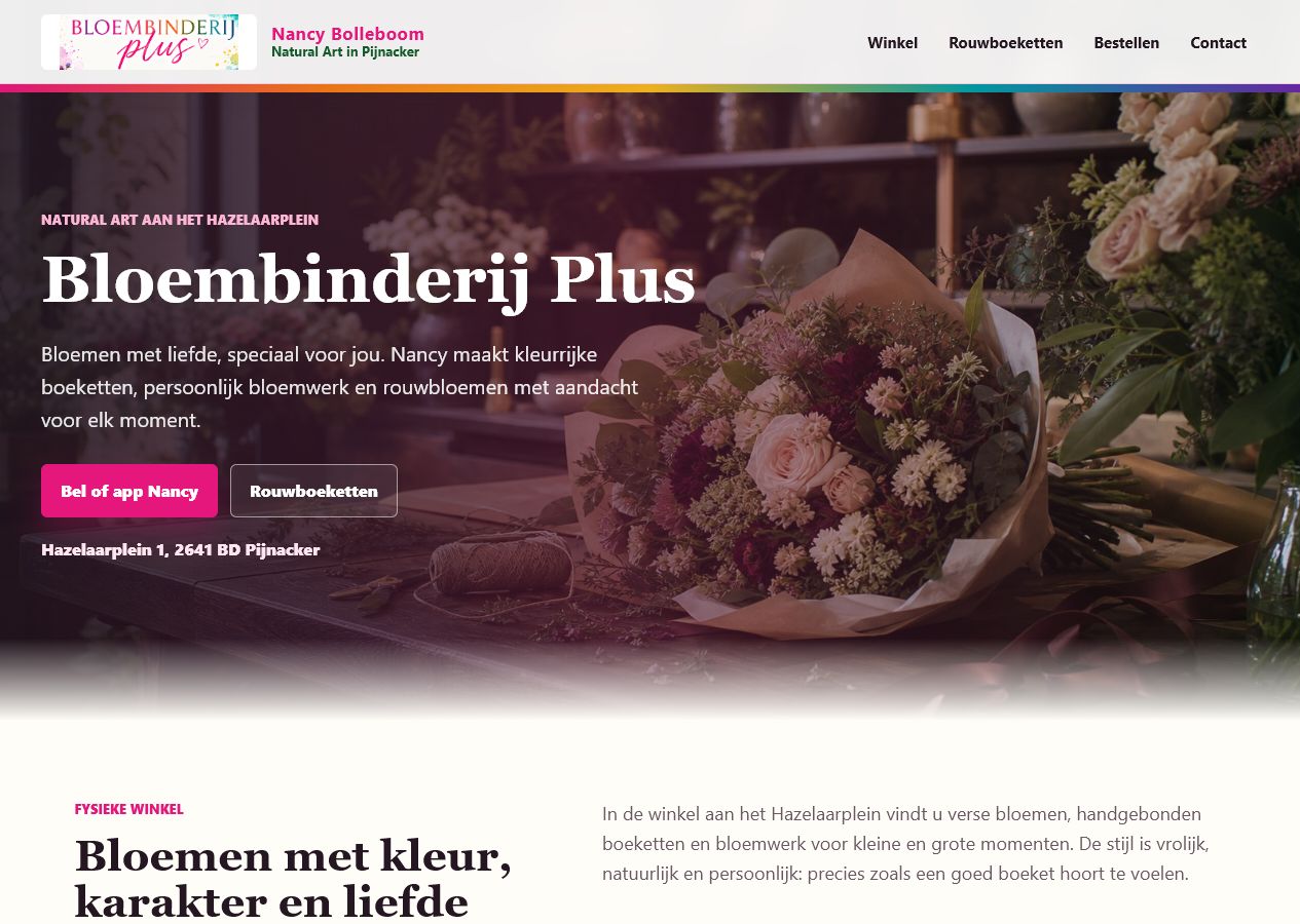 Example of the Bloembinderij Plus website with flowers, funeral bouquets and contact information