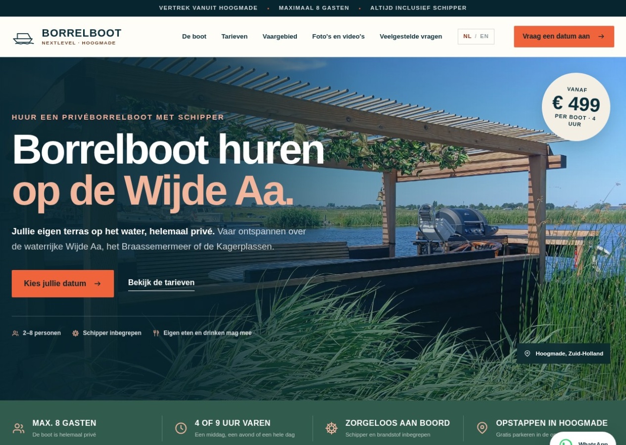 Screenshot of the Borrelboot Nextlevel homepage with the heading Borrelboot huren op de Wijde Aa