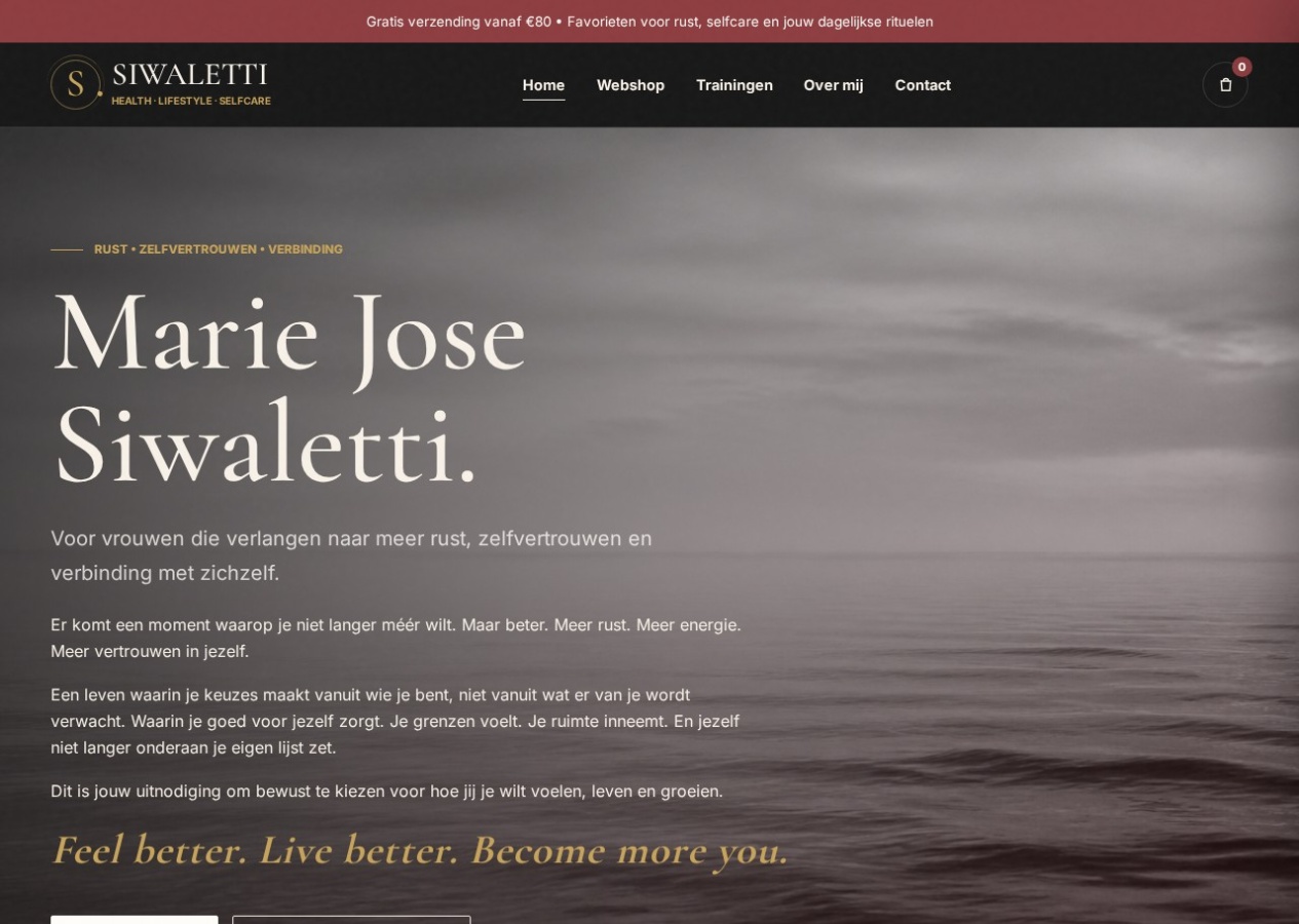 Screenshot of the Marie Jose Siwaletti homepage with a calm black-and-white seascape and luxurious burgundy styling